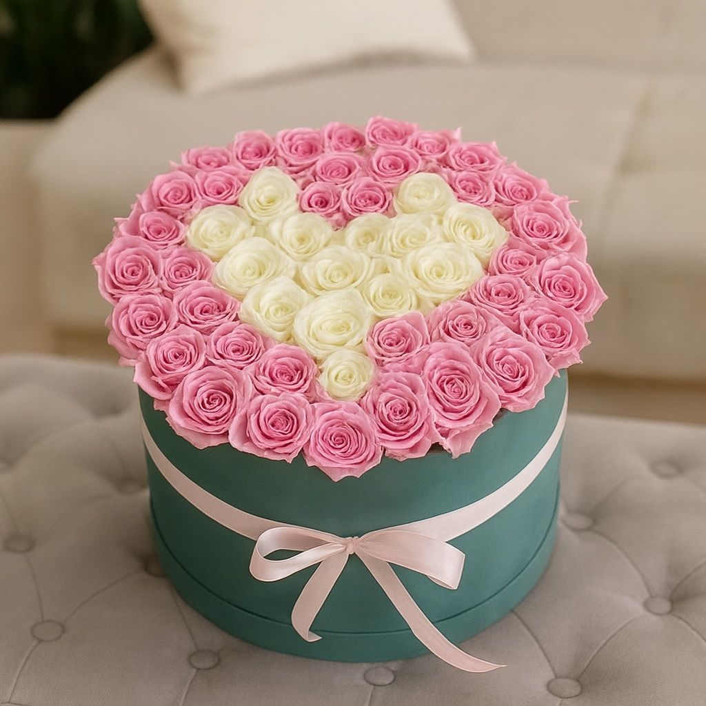 box, pink rose (26 pcs.), oasis, white rose (13 pcs.), packaging, ribbon