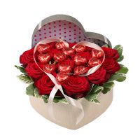 rose (13 pcs.), heart-shaped box, Lyubimov candies 125 g, packaging, ribbon