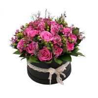 pink rose (21 pcs.), hypericum, chamelacium, round box, packaging, ribbon