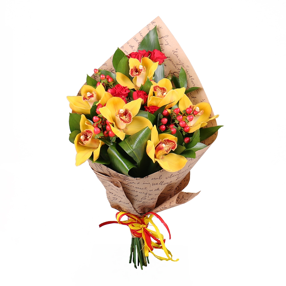 hypericum, bush rose, aspidistra, cymbidium, packaging, tape