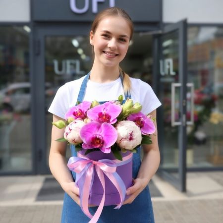 white hydrangea, oasis, phalaenopsis orchids (3 pcs.), cream spray rose (7 pcs.), round box m 20x21cm, lilac eustoma, packaging, ribbon